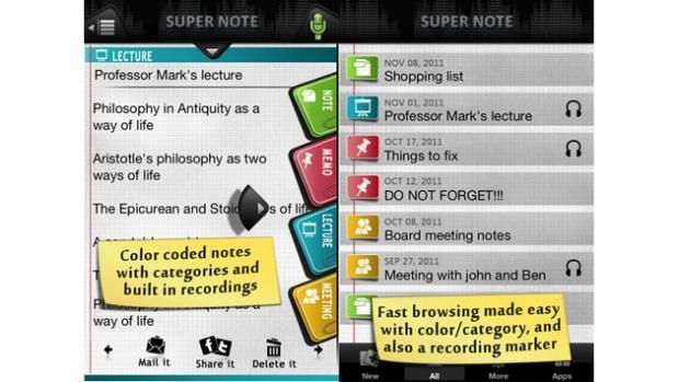 Picture of the super notes app with information about features scattered around the page