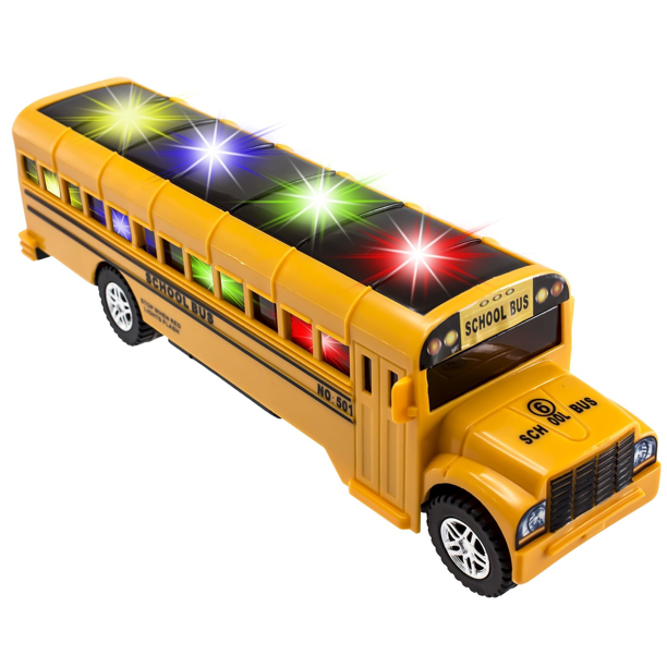School bus with yellow, blue, green and red light flashing