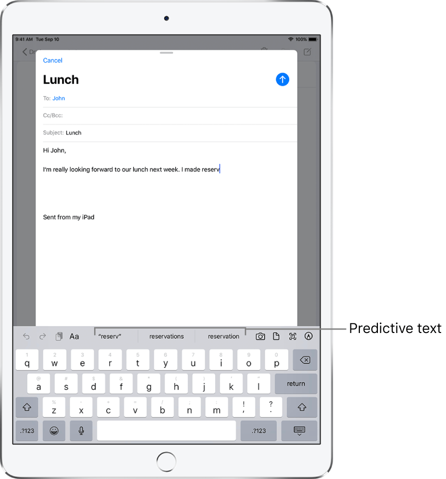 Photo of an iPad with an email open and the keyboard showing with the words 