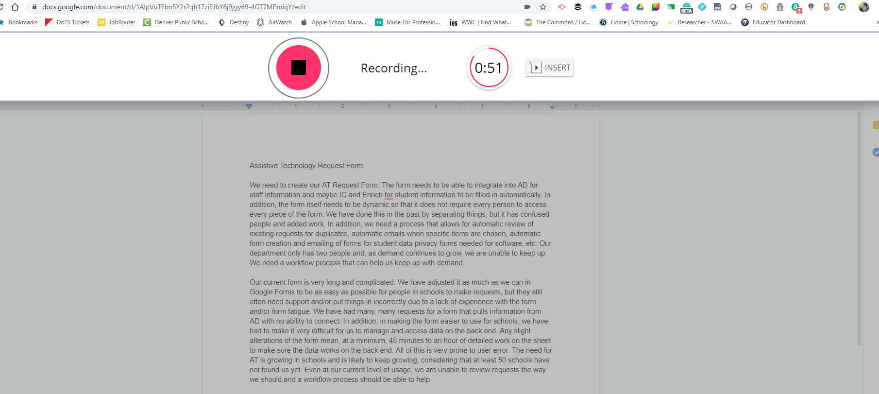 Screenshot of a google doc with the voice note tools on top