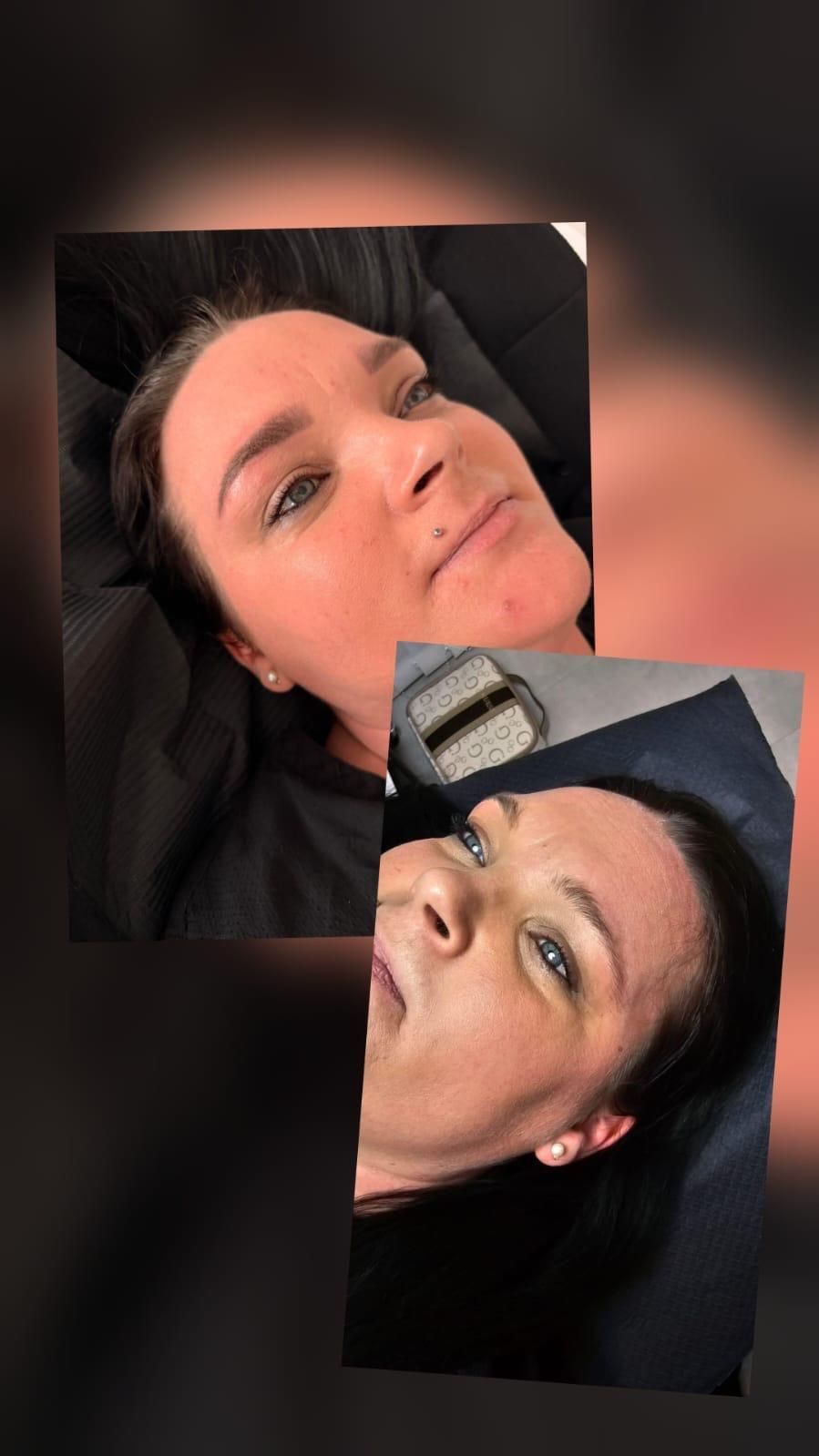 Zwei übereinanderliegende Selfies einer liegenden Person mit leichtem Lächeln und dunklem Haar.