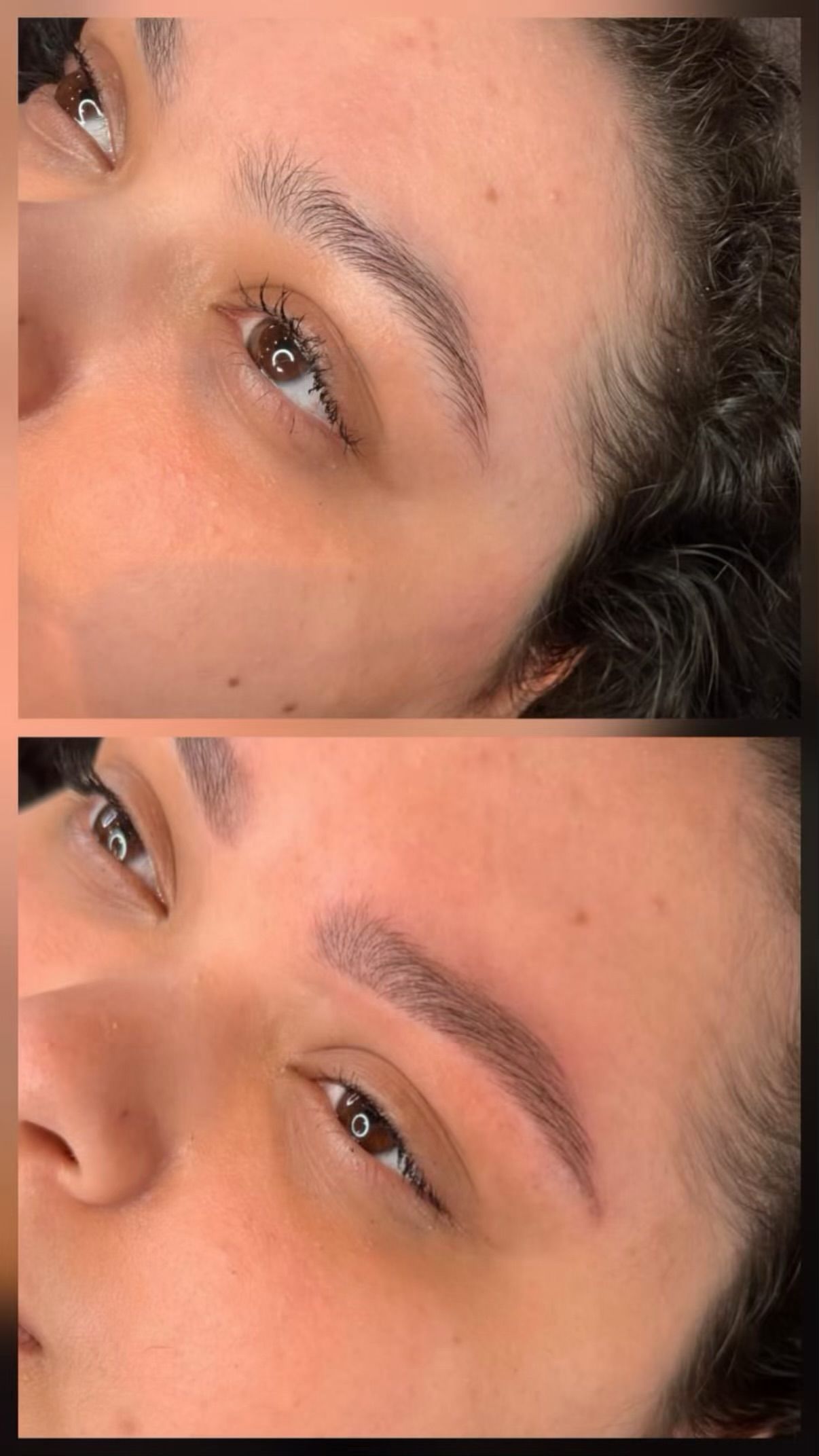 Nahaufnahme der Augenpartie vor und nach dem Augenbrauenformen; im unteren Bild sind die Augenbrauen voller und ordentlicher.