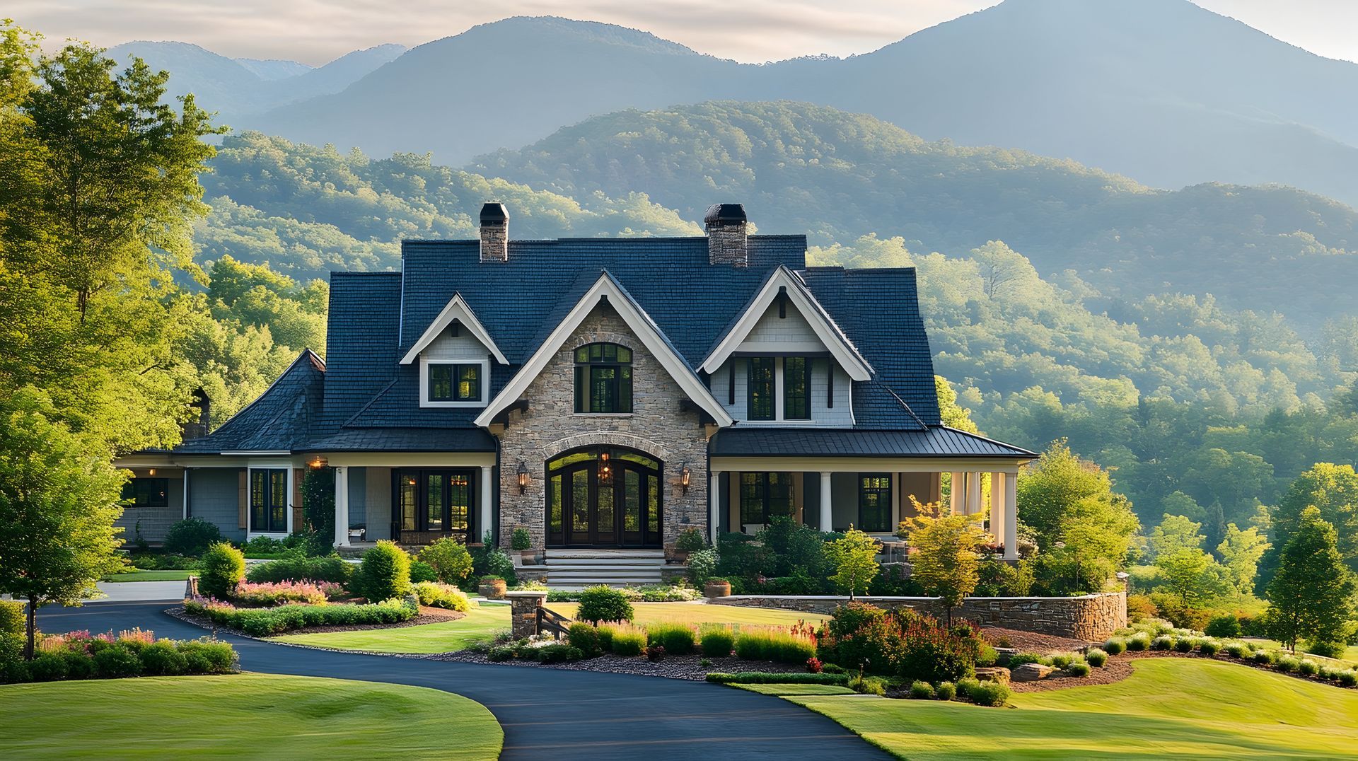 Stone house with dark roof and lush garden, set before misty green mountains in warm sunlight