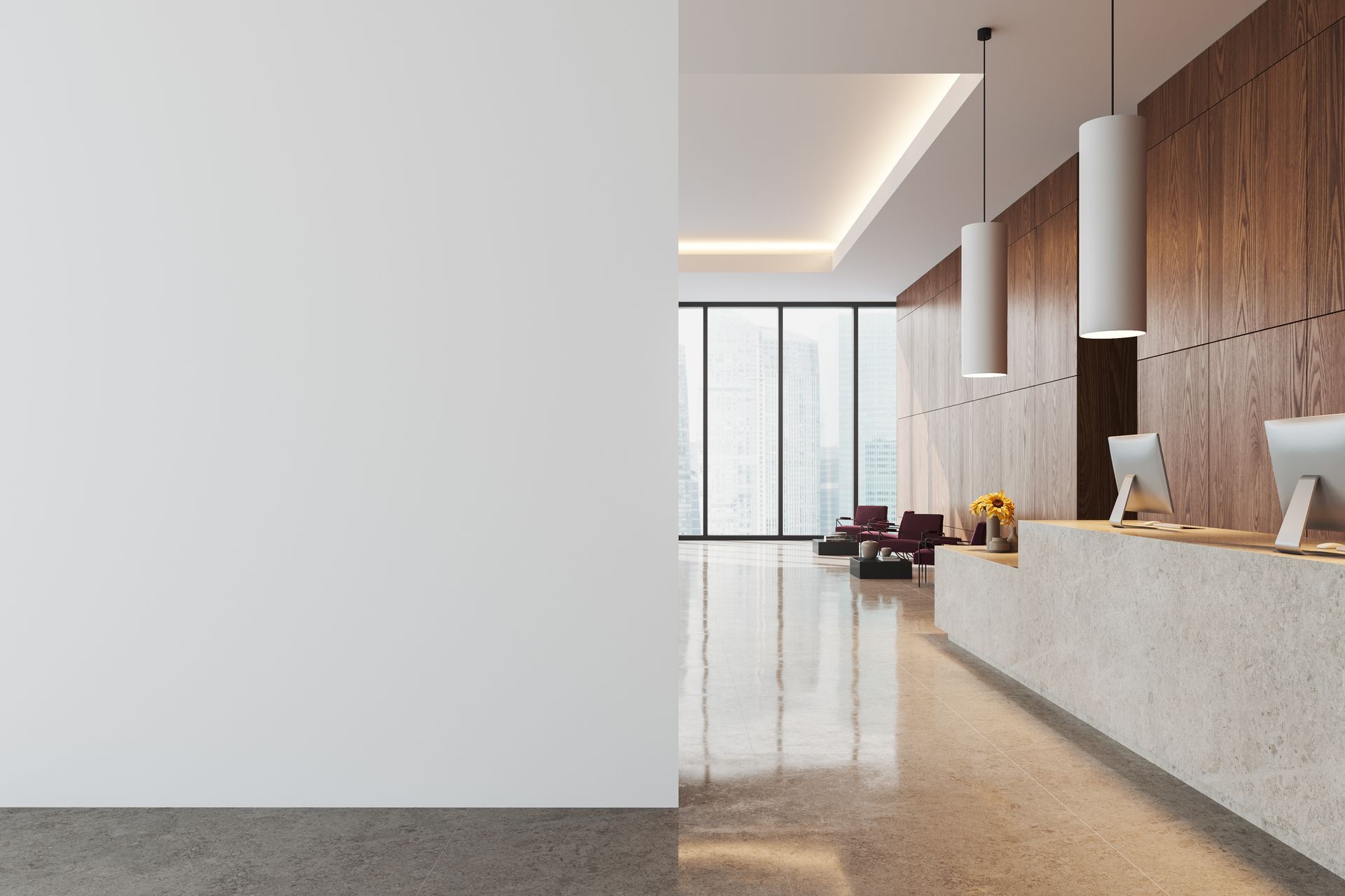 Modern hotel lobby with wood-paneled wall, white reception desk, and glossy floor overlooking large windows