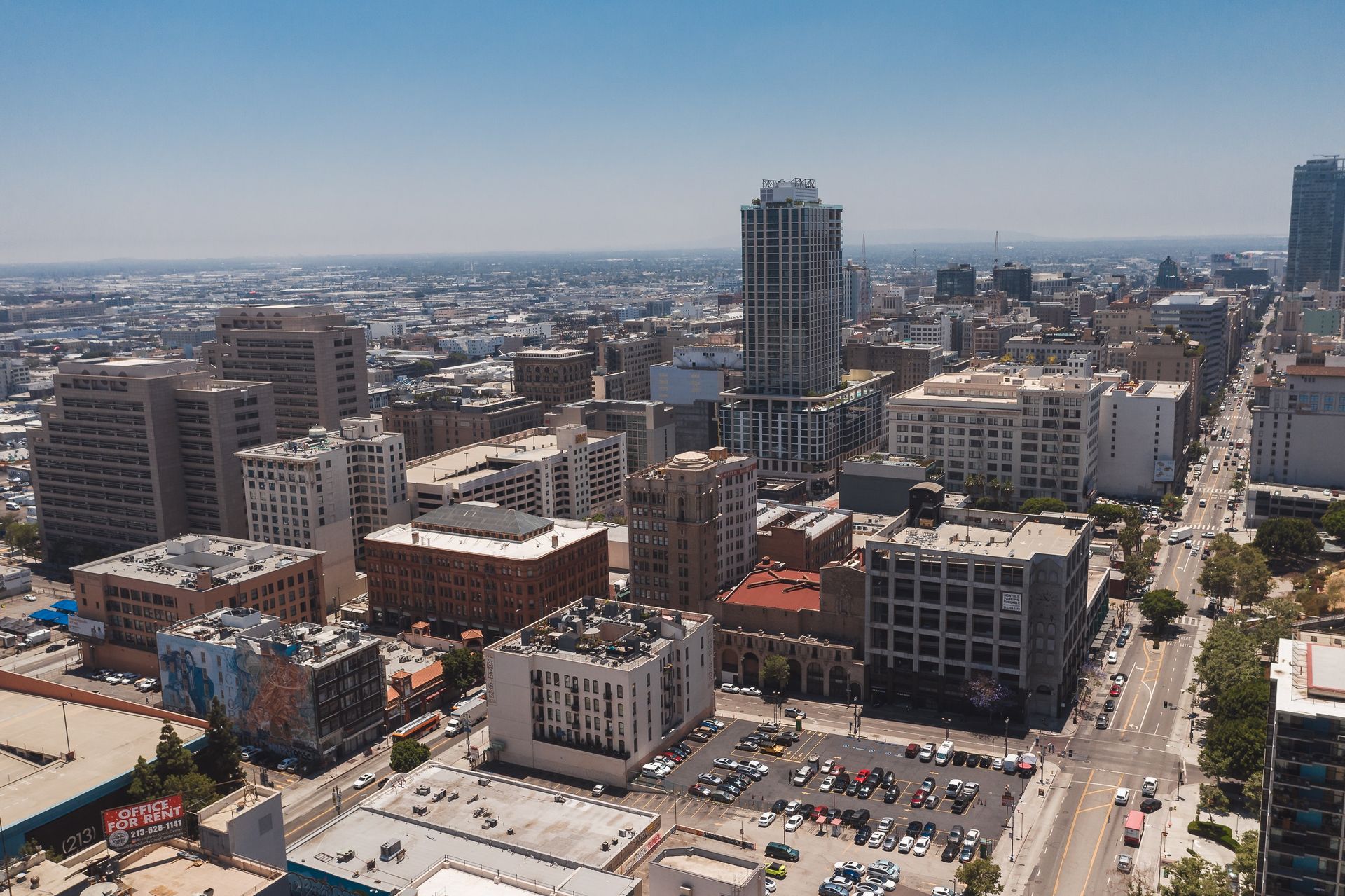 An aerial view of a city with lots of buildings