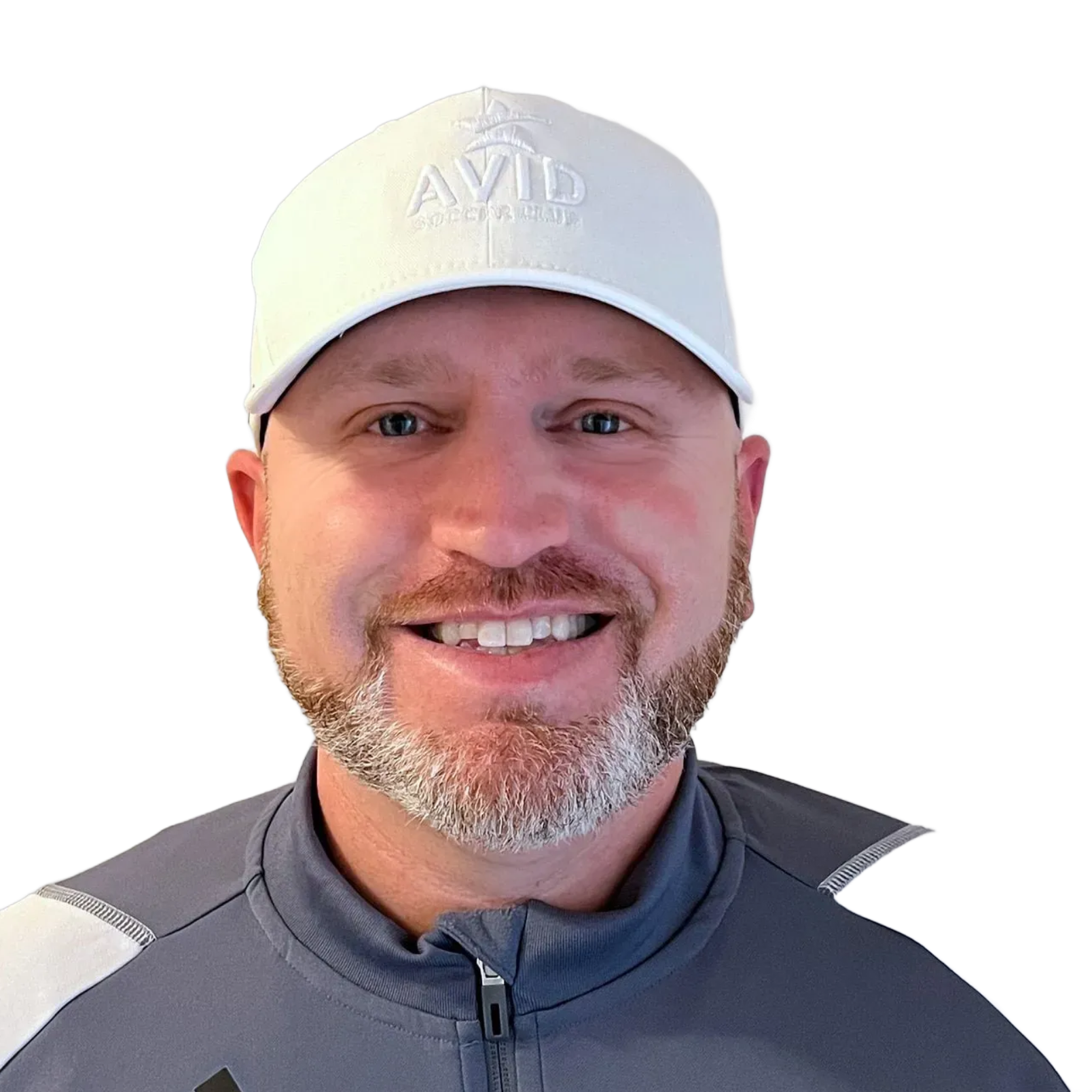 Smiling person wearing a white cap and gray zip-up jacket on a plain white background