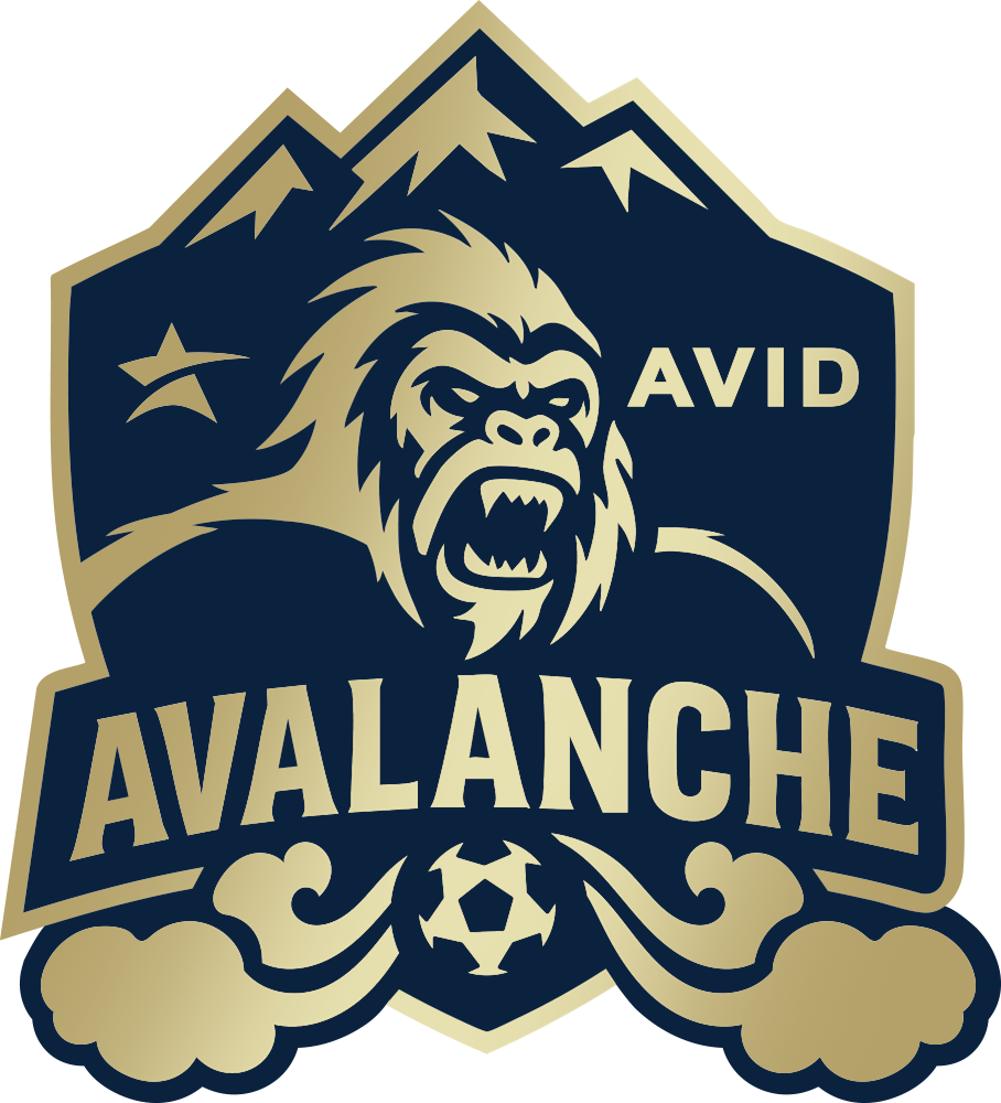 Avid Avalanche logo with a roaring gorilla, mountain peaks, and a soccer ball in navy and gold