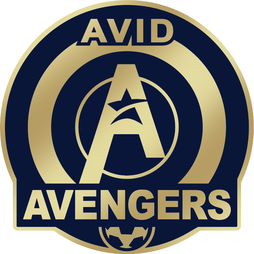 Avid Avengers logo in gold and navy with a stylized Avengers “A” emblem