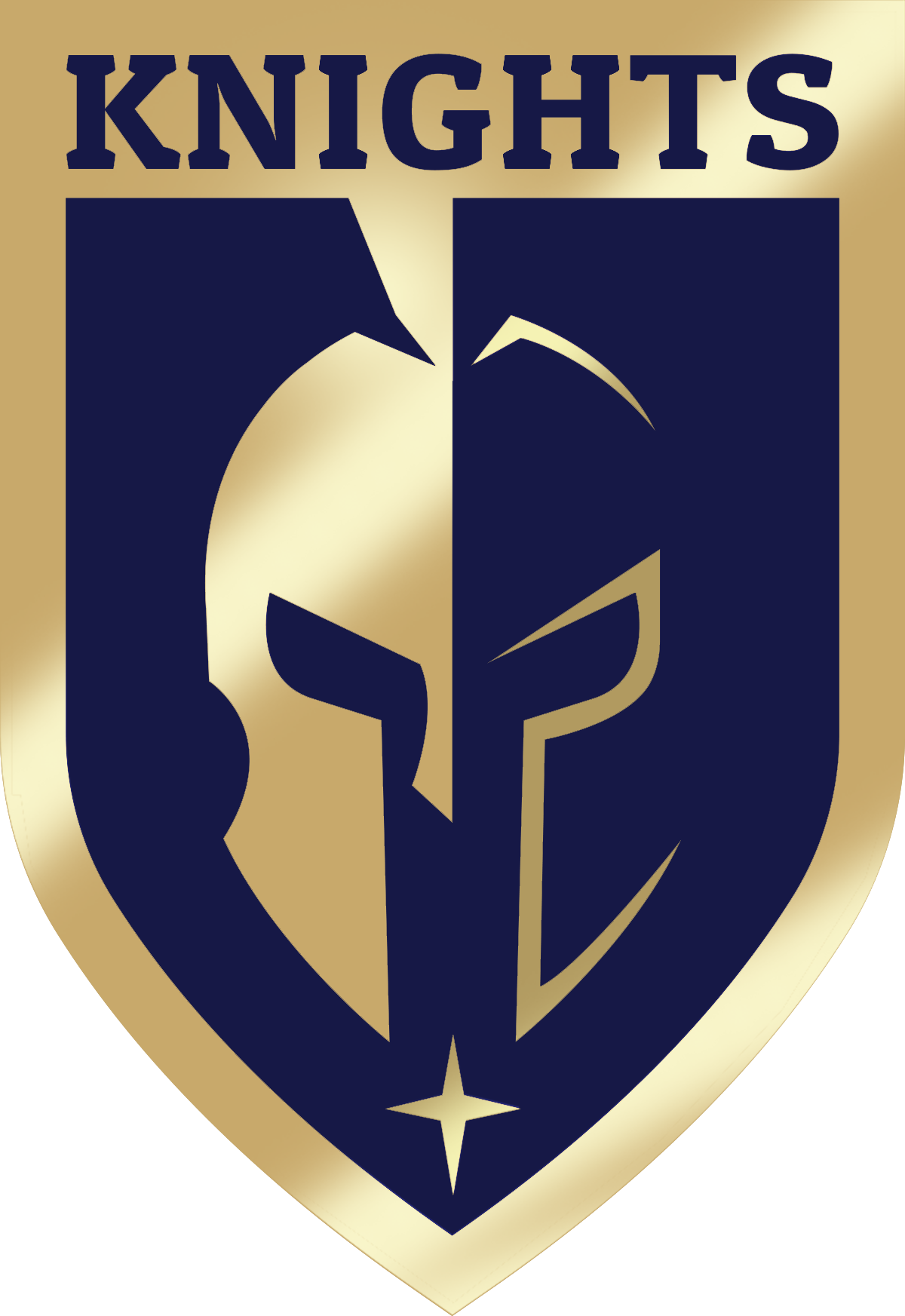 Knights logo with a gold Spartan helmet split down the middle on a blue shield