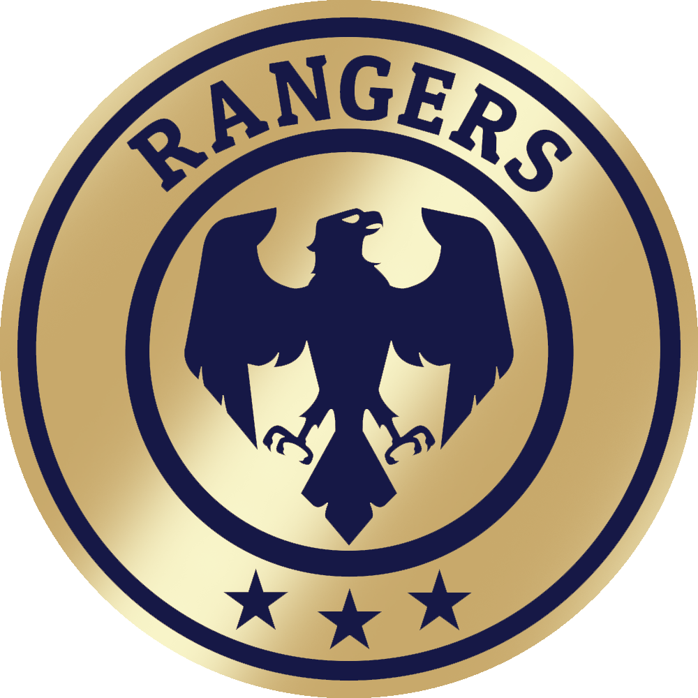 Rangers logo with a navy eagle inside a gold circle and three stars below