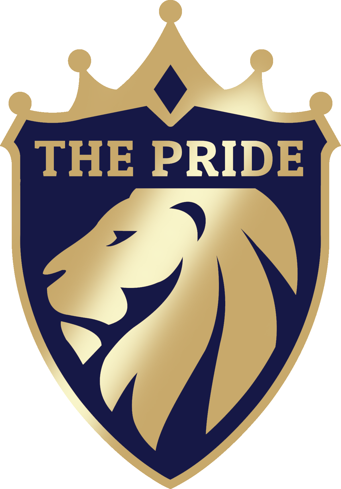 The Pride lion head logo in gold, navy, and white with a crown on top