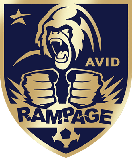 Gold and navy AVID Rampage logo with roaring lion, clenched fists, and soccer ball