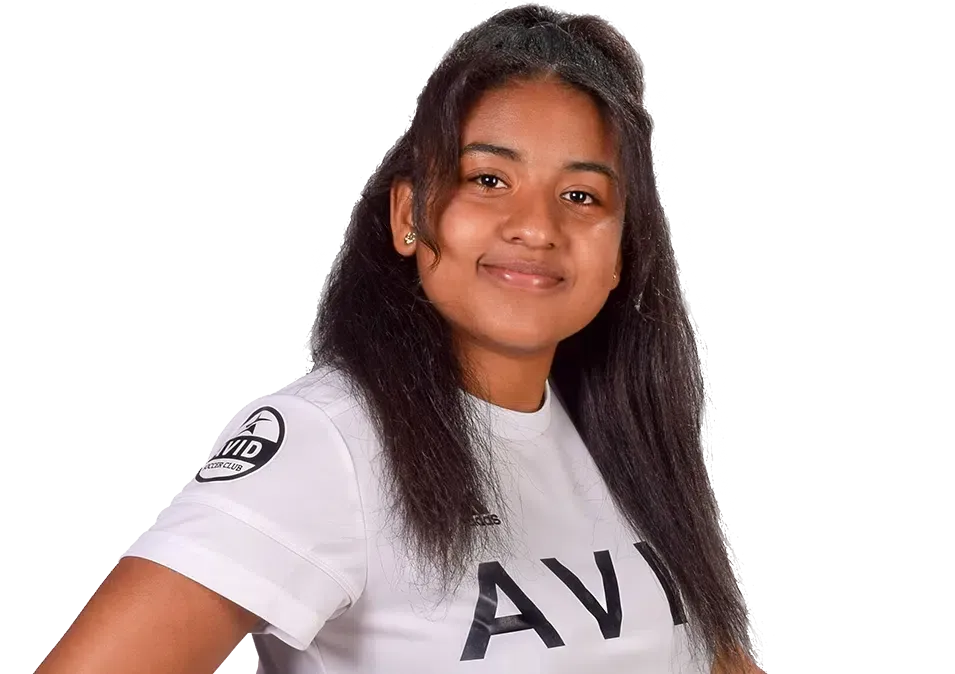 AVID Woman Soccer Player Smiling person in a white shirt with dark lettering, standing against a white background.