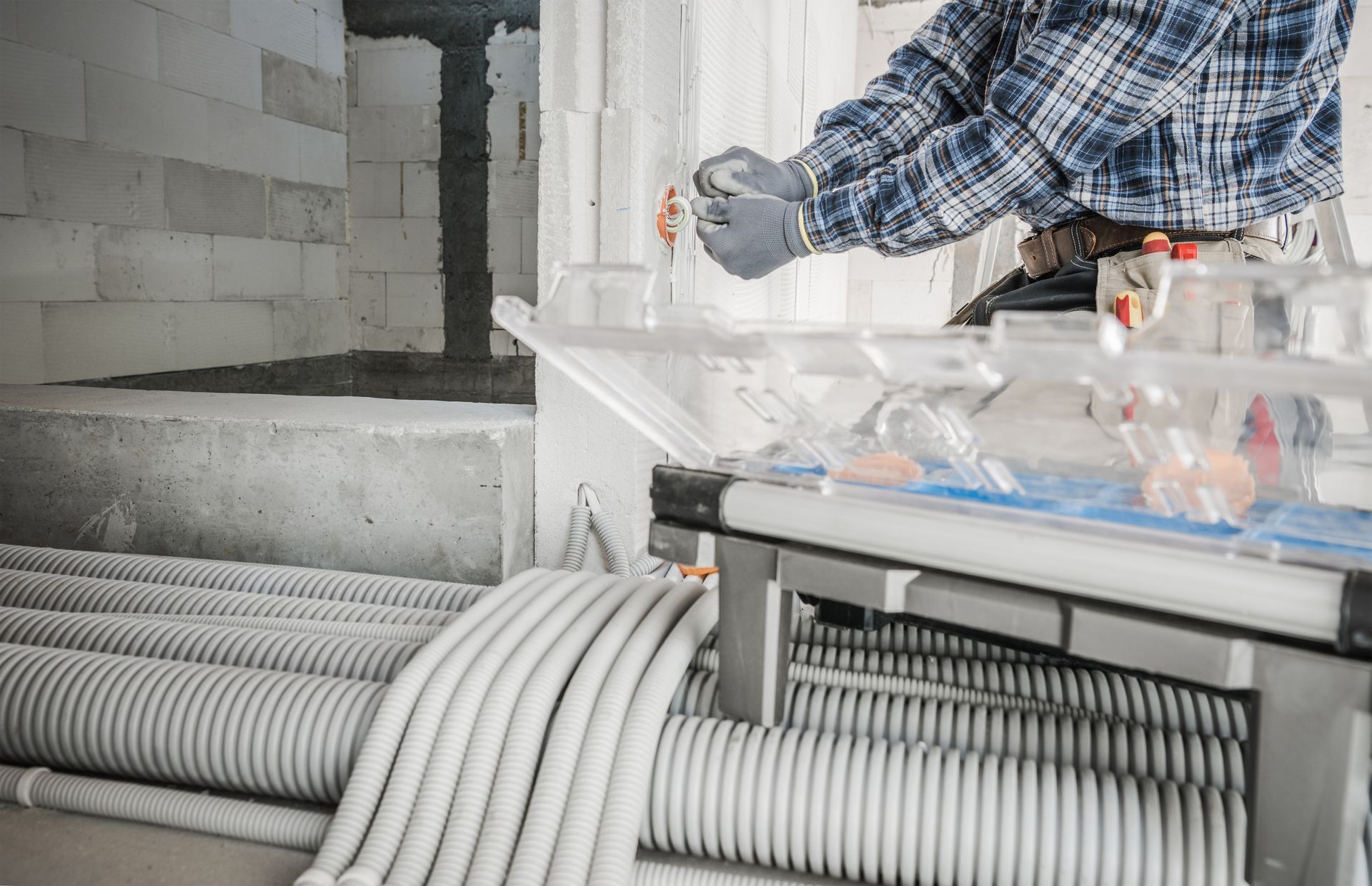 A man is working on electrical wires in a building.