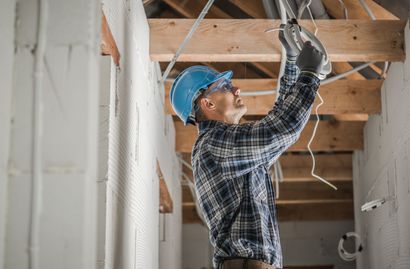 A man is working on a ceiling with a drill.