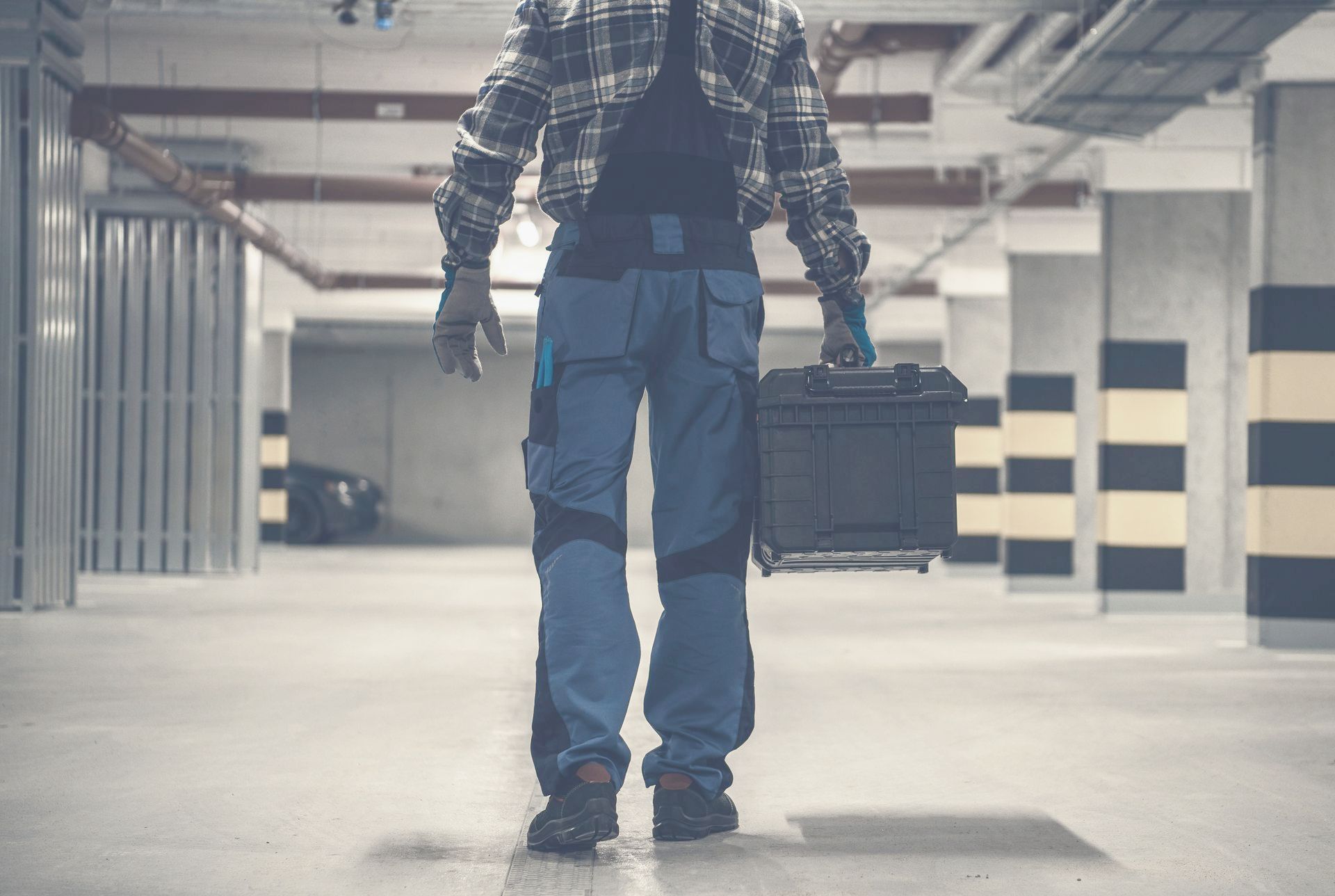 A man is carrying a toolbox in a garage.