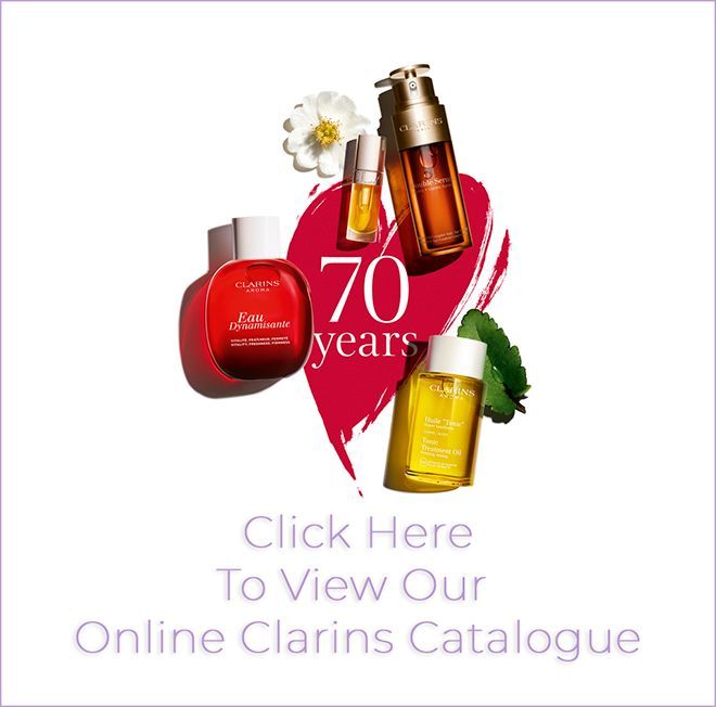 image of CLARINS products with text and link - click here to to view our Clarins catalogue