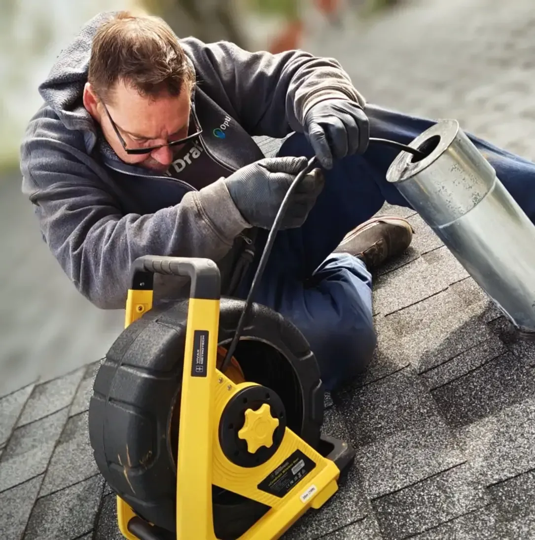 Un homme travaille sur un drain sur un toit