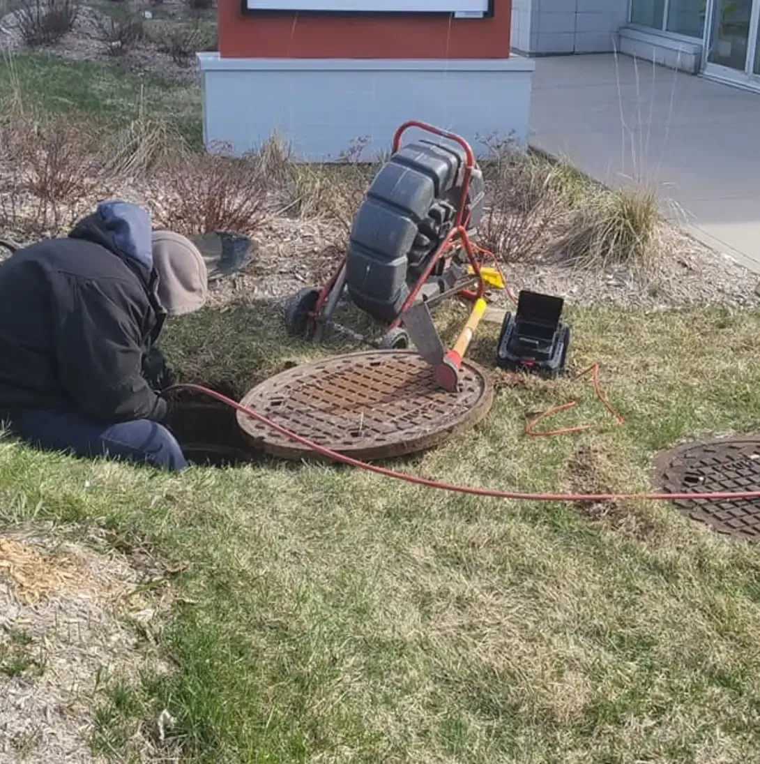 Un homme travaille sur un couvercle de trou d'homme dans l'herbe.