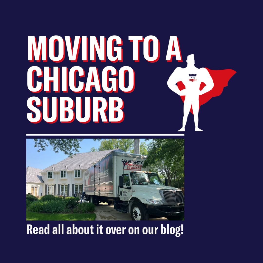 Moving truck in front of a house, superhero graphic, text: