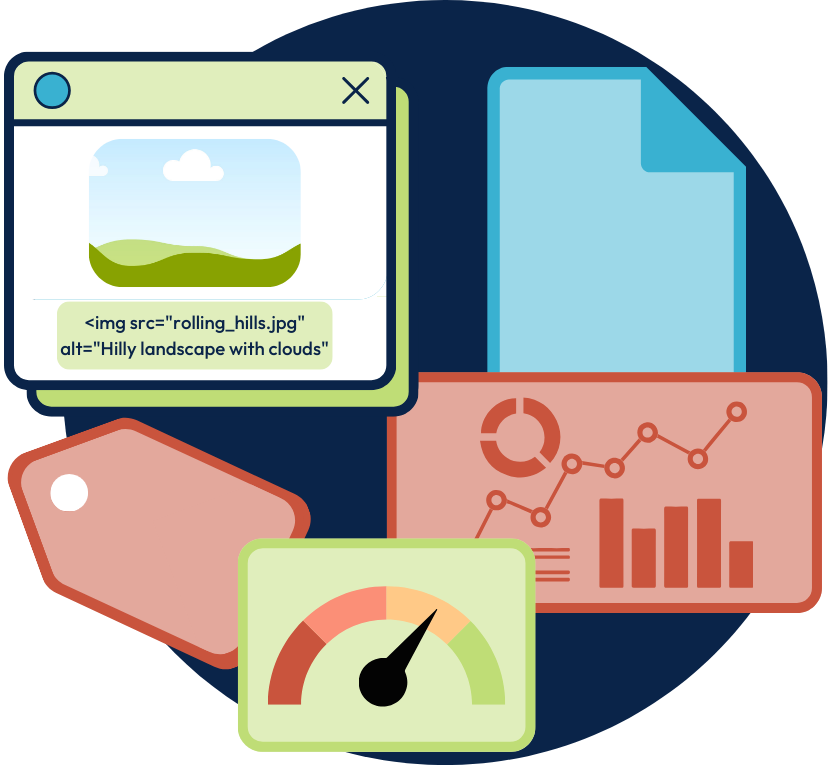Concept art, browser window displaying a placeholder image and alt text, a speedometer gauge representing site speed, a tag icon representing metadata and clear file naming, a file sheet symbolizing descriptive file names, and a dashboard interface alluding to performance monitoring