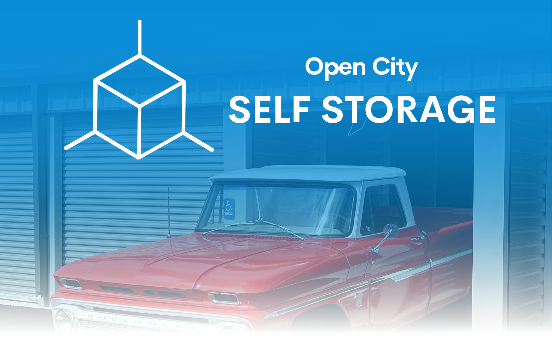 A red truck is parked in a garage next to a sign that says Open City Self Storage. Links to a starter website case study.