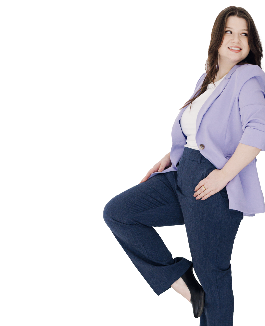 A woman is pointing at a WordPress website with her finger.