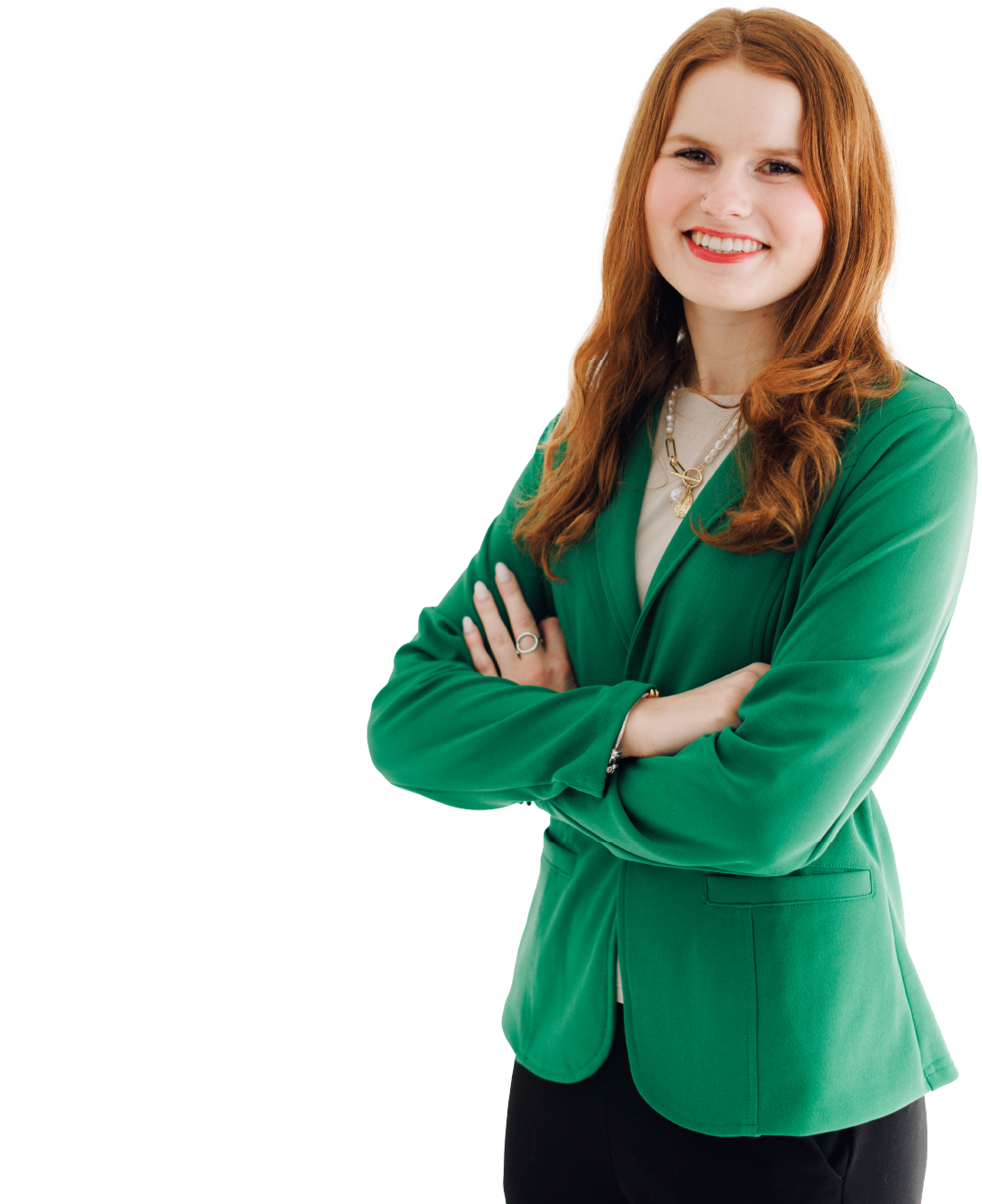 A woman is pointing at a WordPress website with her finger.