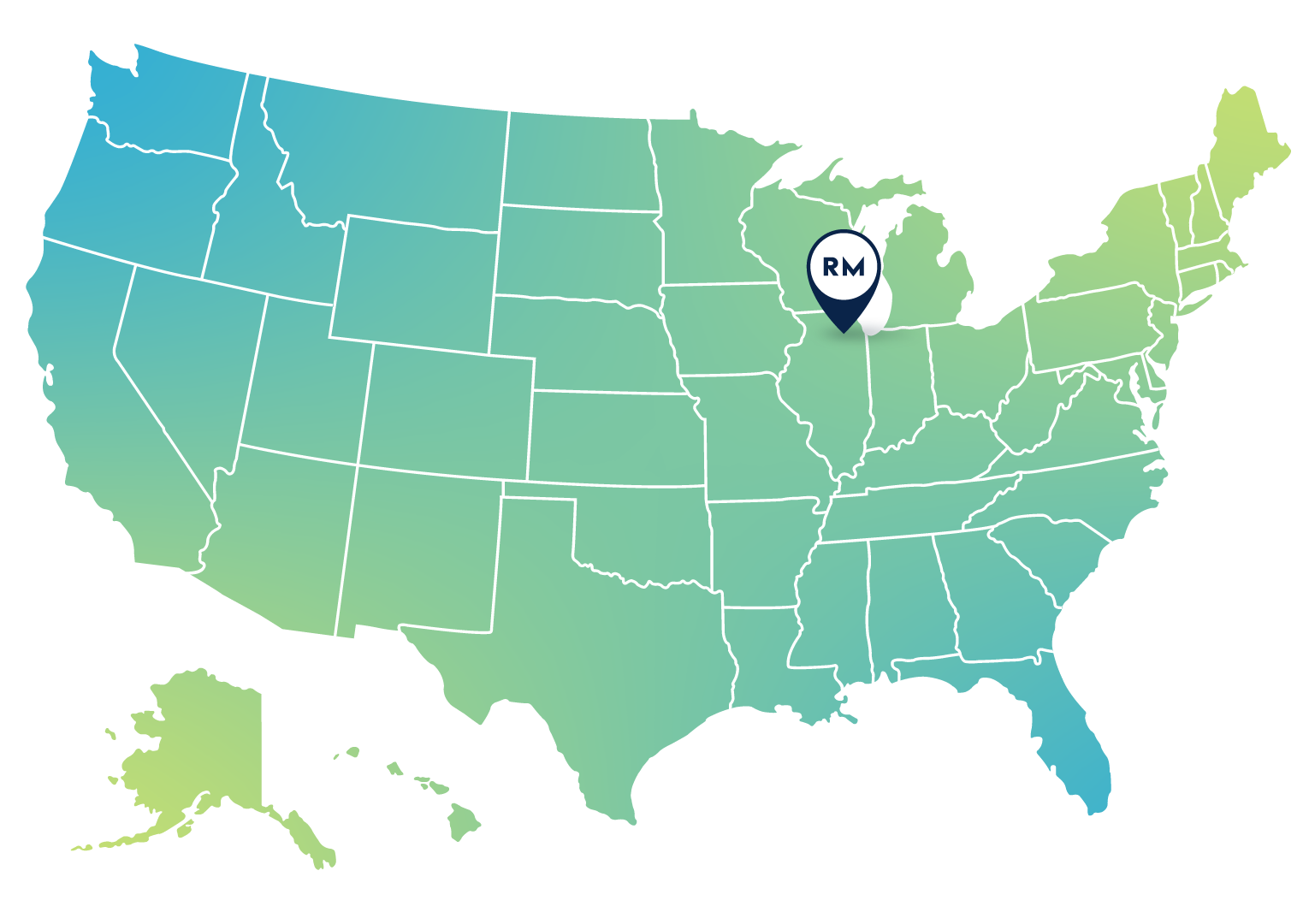 a map of the USA with a pin dropped in St. Charles Illinois where RivalMind seo services are located