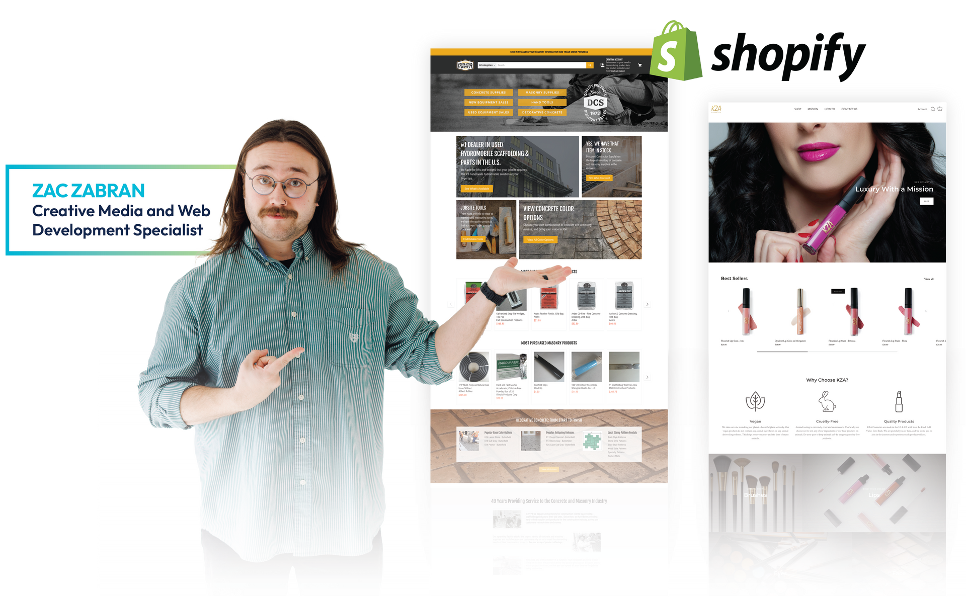 A man is standing next to a shopify website and pointing at it.