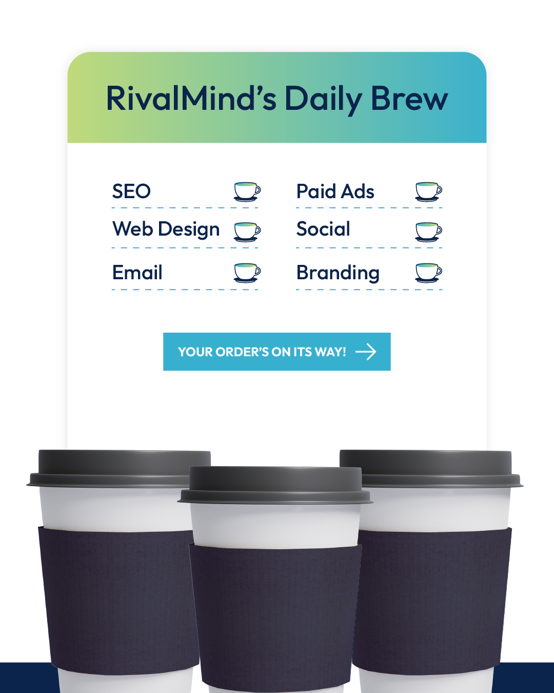 Three coffee cups are sitting next to each other with a sign that says rivalmind 's daily brew