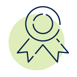 A line drawing of a ribbon with a star on it in a green circle.