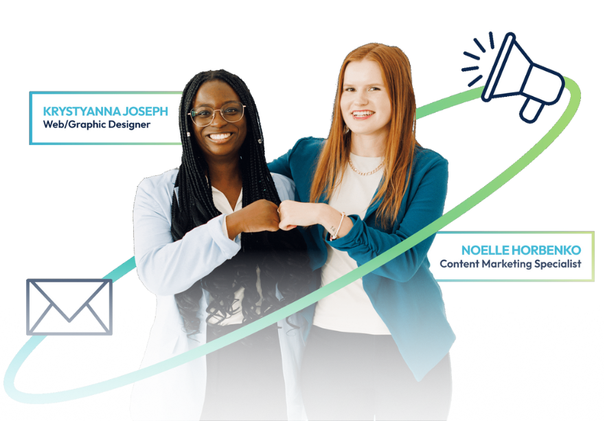 Two women fist bump; one is a Web/Graphic Designer and the other is a Content Marketing Specialist.