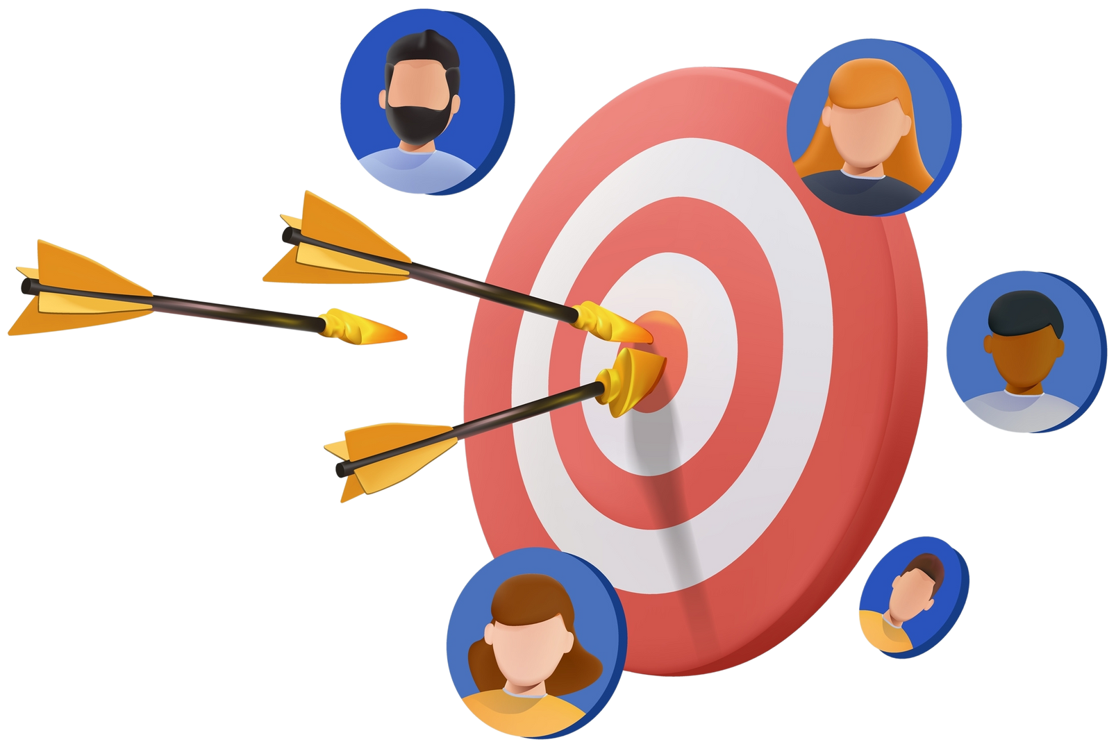 An arrow is hitting the center of a target surrounded by people.