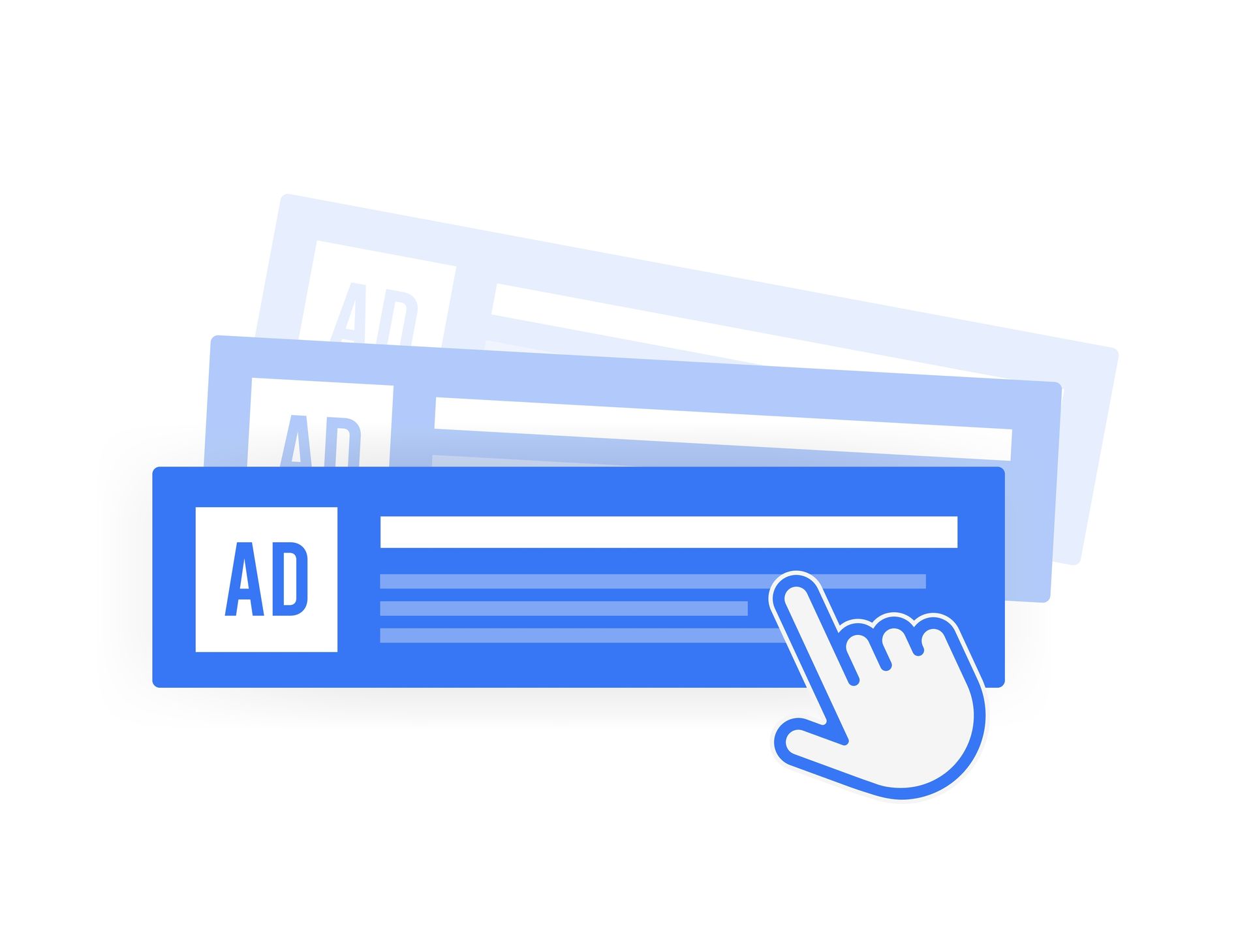 A hand is pointing at a blue ad on a white background.