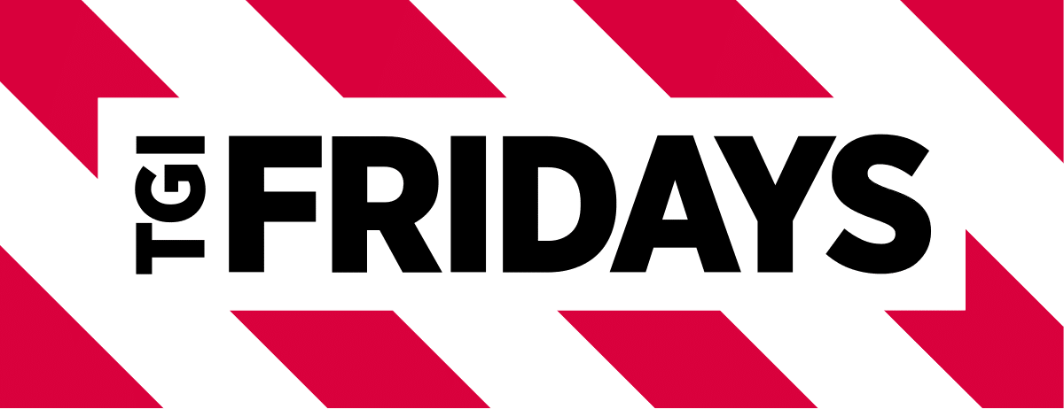 TGI Fridays logo with bold black text on a white background, surrounded by red and white diagonal stripes.