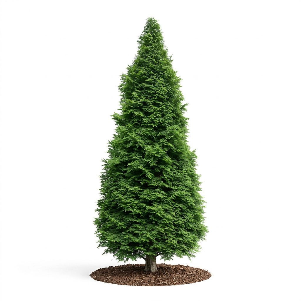 A conical evergreen tree with dense, vibrant green foliage growing from a bed of dark brown wood mulch on a white background.