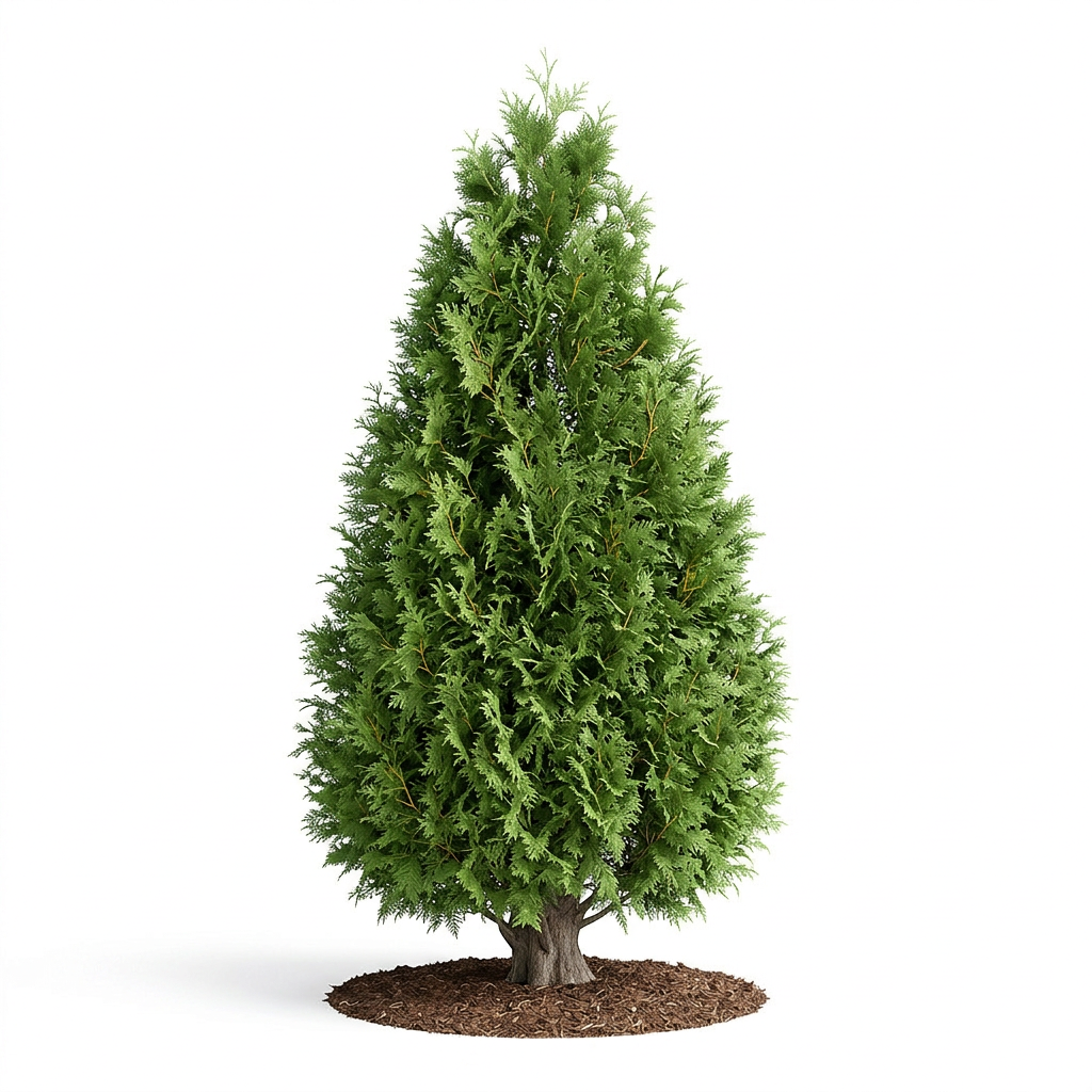 A vibrant green, conical evergreen tree set against a solid white background, sitting on a base of dark brown mulch.