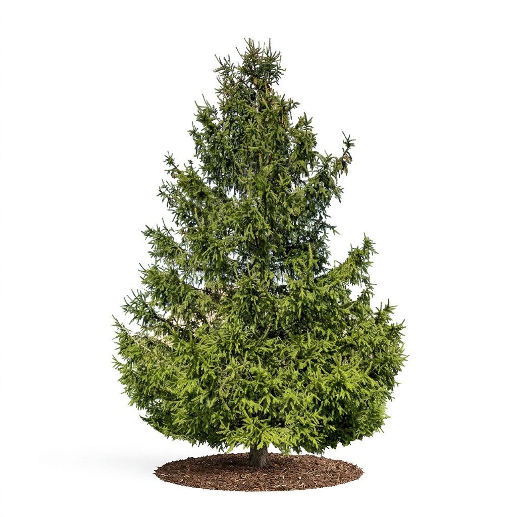 A bushy, green spruce tree planted in a circular bed of brown mulch against a white background.