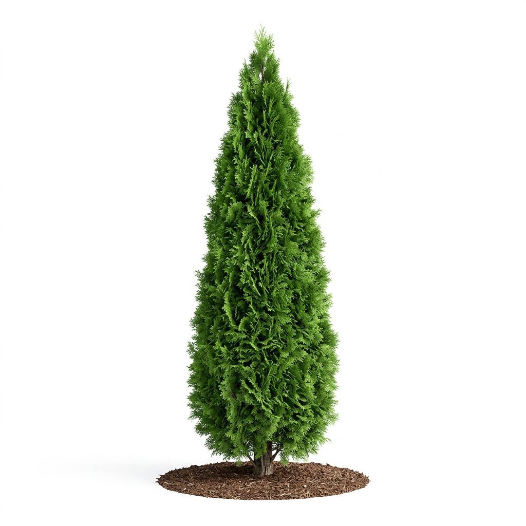 A tall, conical evergreen tree with dense, vibrant green foliage, standing on a circular bed of brown mulch.