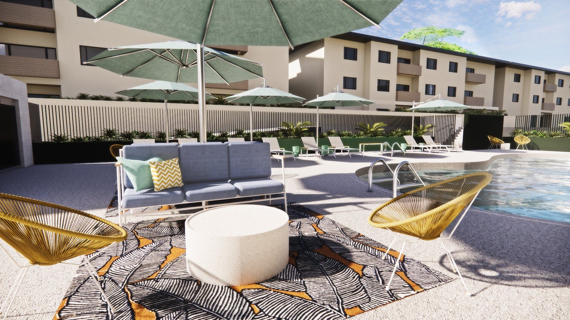 Pool with outdoor furniture  and lounge chairs.