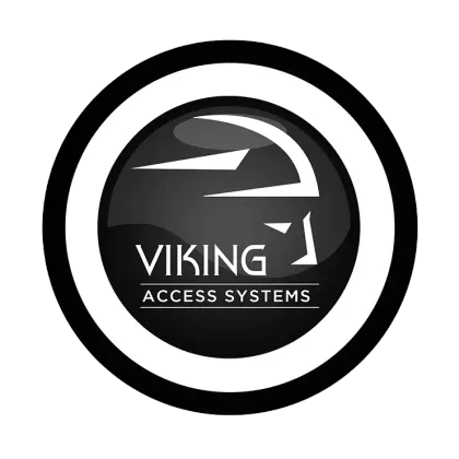 Black-and-white circular Viking Access Systems logo with stylized helmet icon and text
