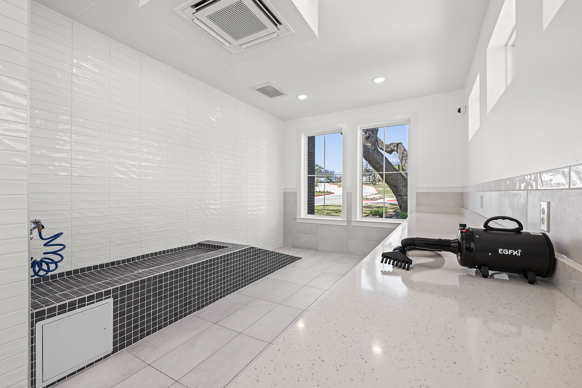 There is a dog bathtub in the middle of the pet spa room at The Everett, offering pet-friendly apartments near The Domain.