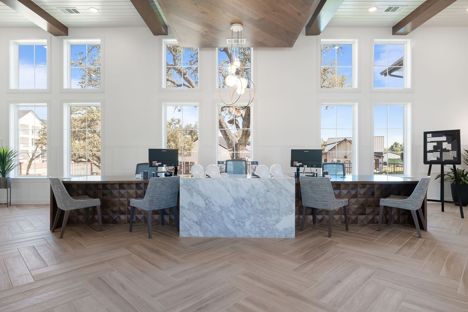 Pet wash room with a black and white tiled tub at The Everett, offering pet-friendly apartments for rent near The Domain in Austin, TX.
