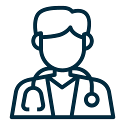 A line drawing of a doctor with a stethoscope around his neck.