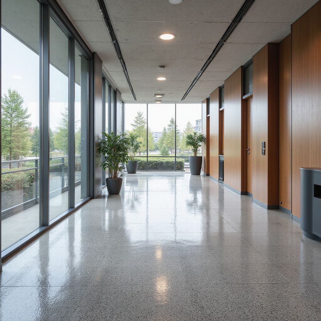 Hallway with glass wall overlooking trees and plants in pots, polished stone floor, wood-paneled wall.