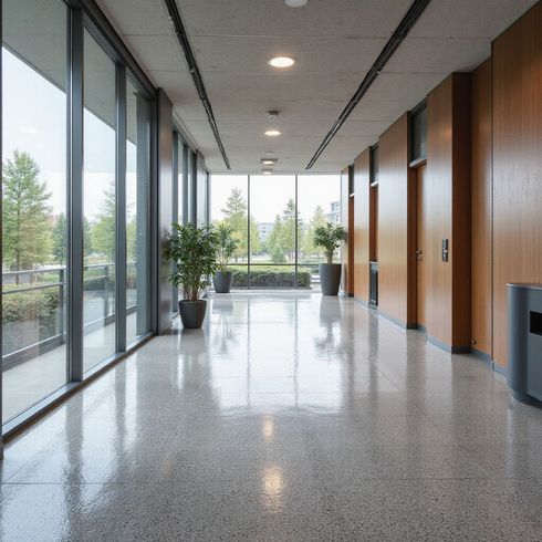 Long hallway with large windows, trees outside, shiny floor, potted plants, and wood paneling.