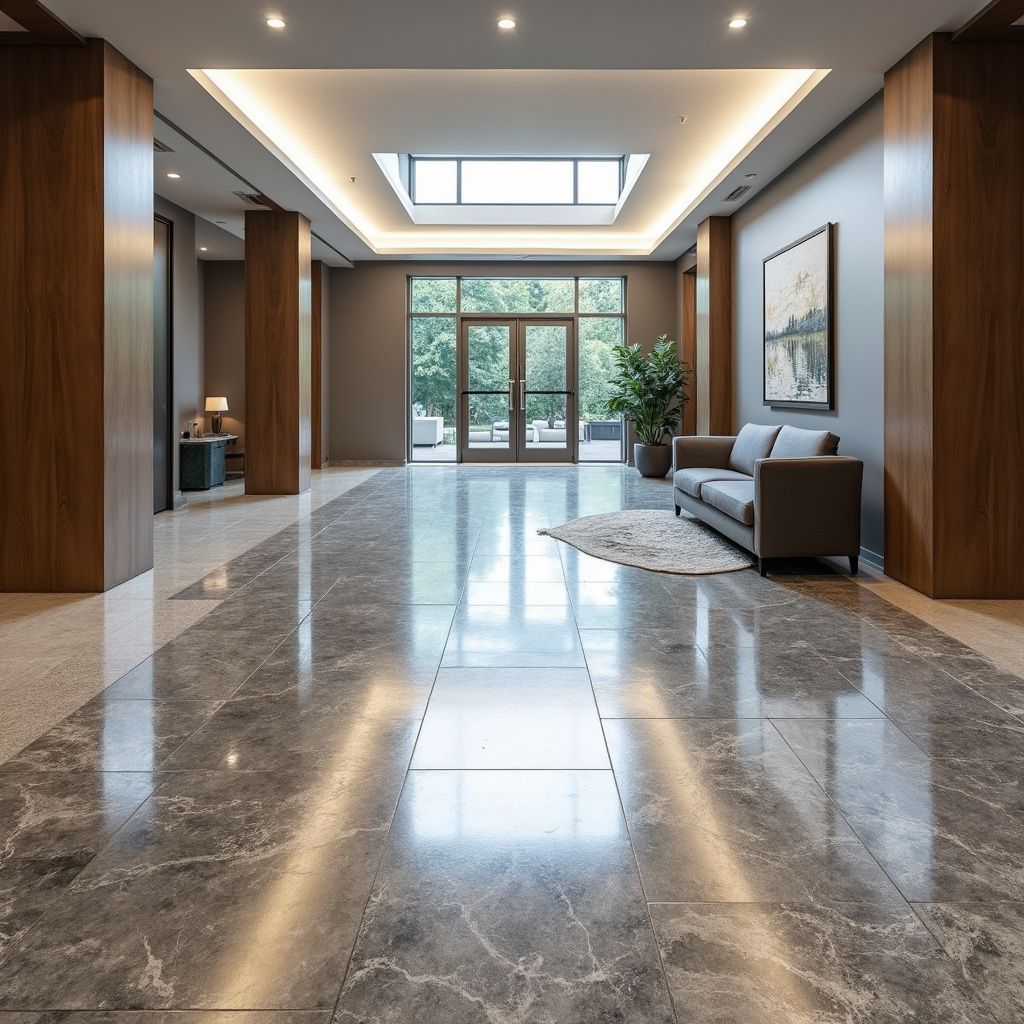 Elegant lobby with marble floors, wood pillars, gray walls, and a sofa. Large glass doors open to greenery.