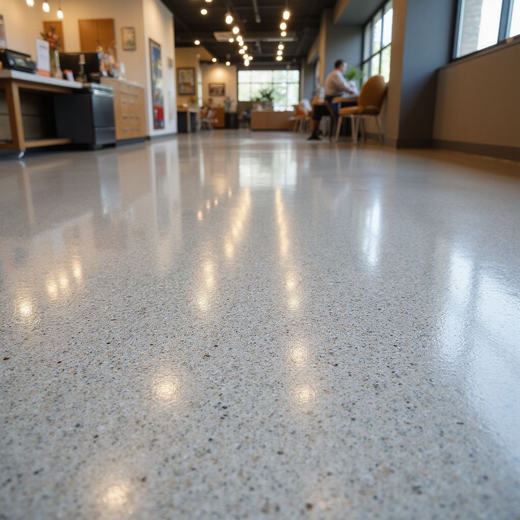 Polished concrete floor reflecting lights in an office space; a person sits in the background.