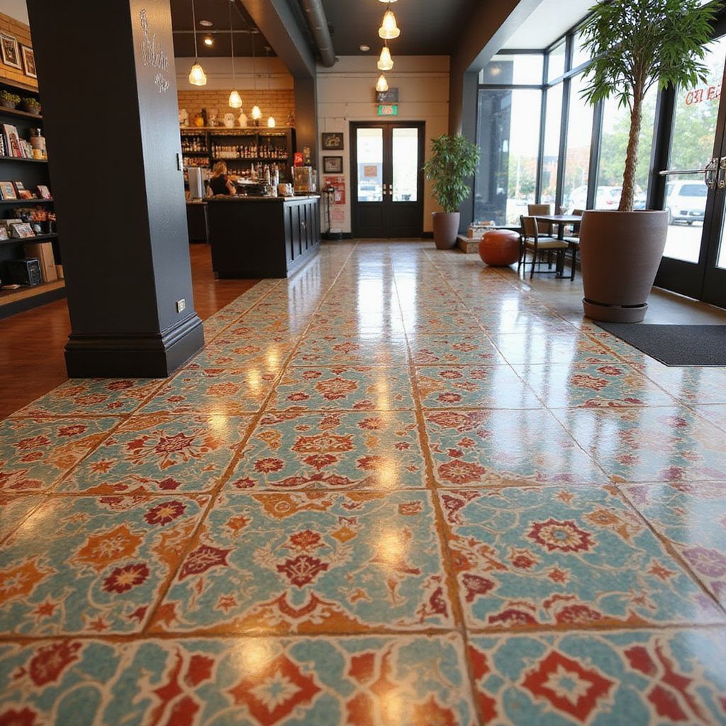 Tiled floor in cafe with colorful patterns leading to the counter and seating area by a large window.